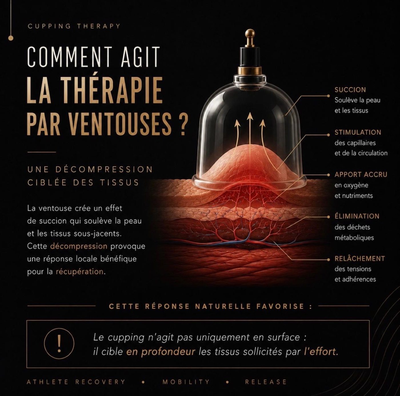 Coupe d'une ventouse posée sur la peau : la succion soulève les tissus et stimule la circulation