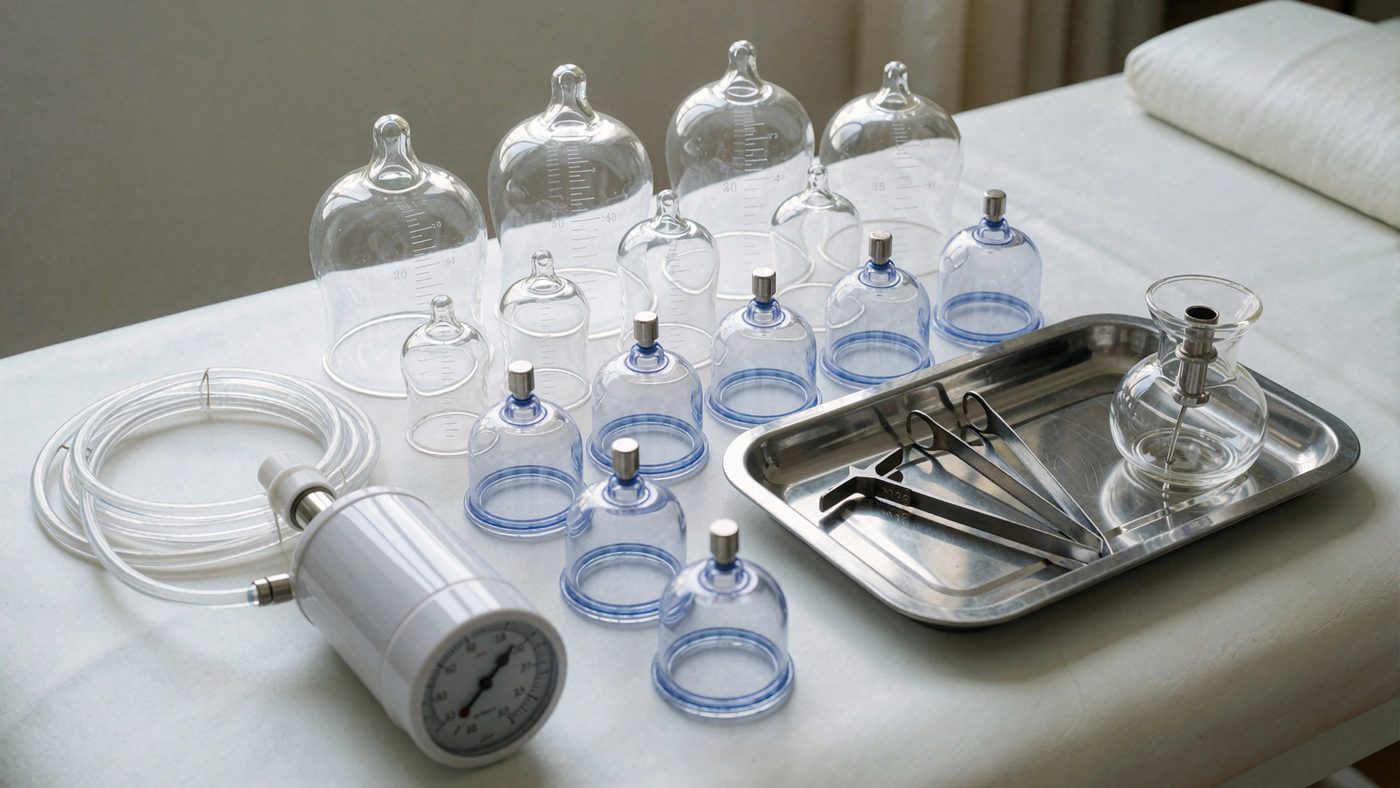 Ventouses en verre et en plastique, pompe manuelle à dépression et plateau d'instruments, préparés avant une séance