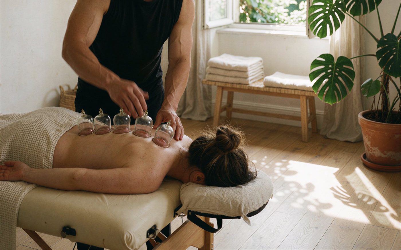 Séance de cupping à domicile : pose de ventouses sur le dos et les épaules